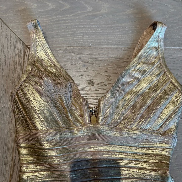 Herve Leger Gold Ruched Bodycon Dress - Picture 4 of 10